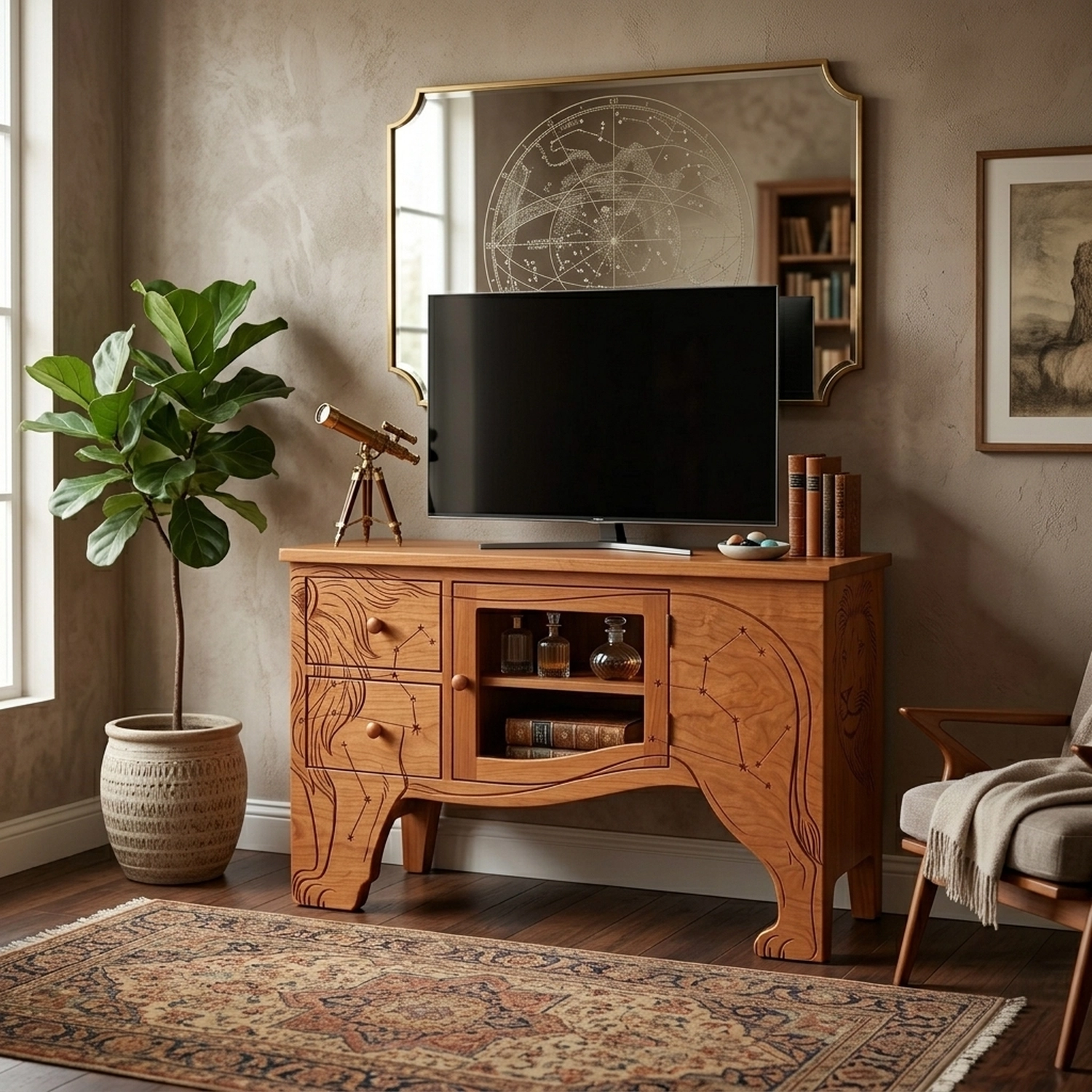 Wooden Leo Constellation Media Cabinet Zodiac Theme Large Storage Sideboard