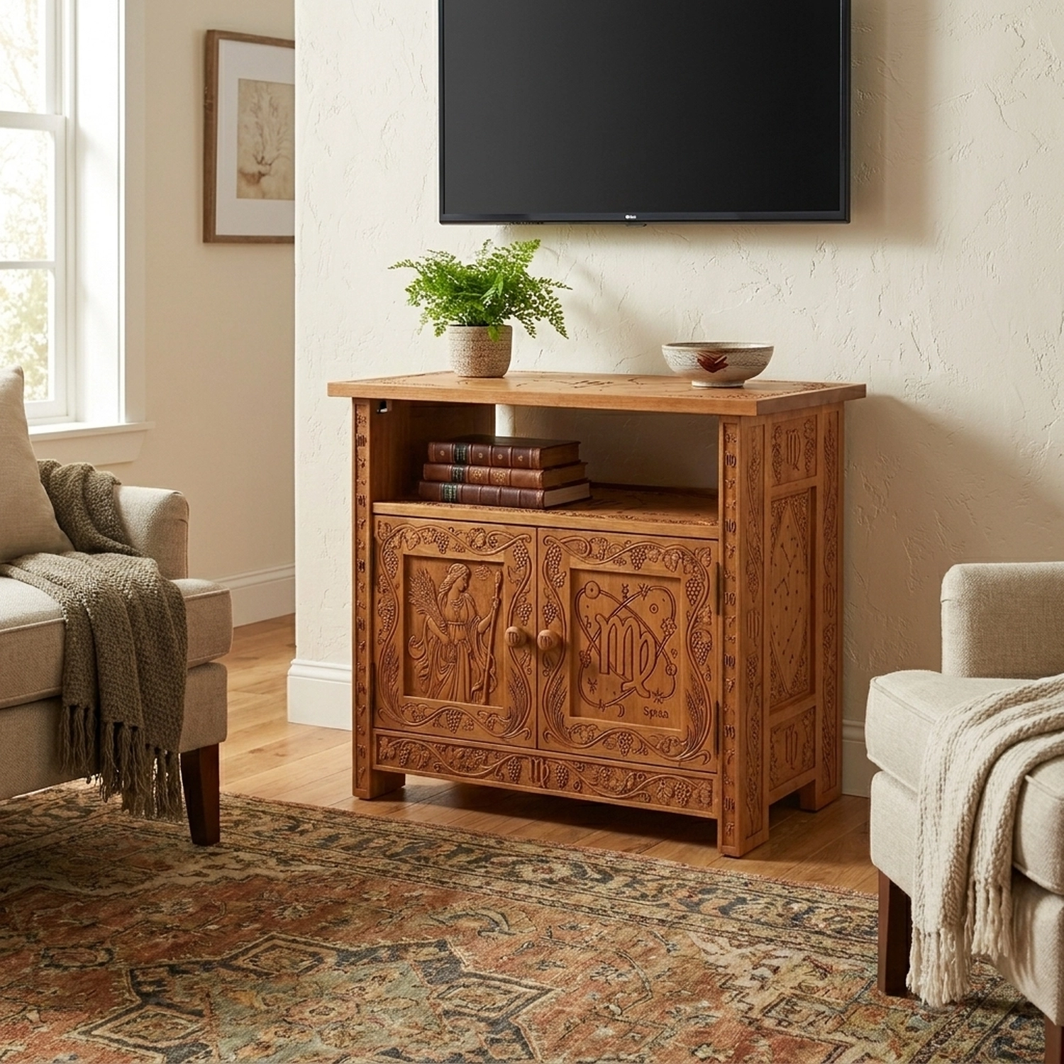 Wooden Virgo Constellation Media Cabinet Zodiac Silhouette Living Room TV Stand