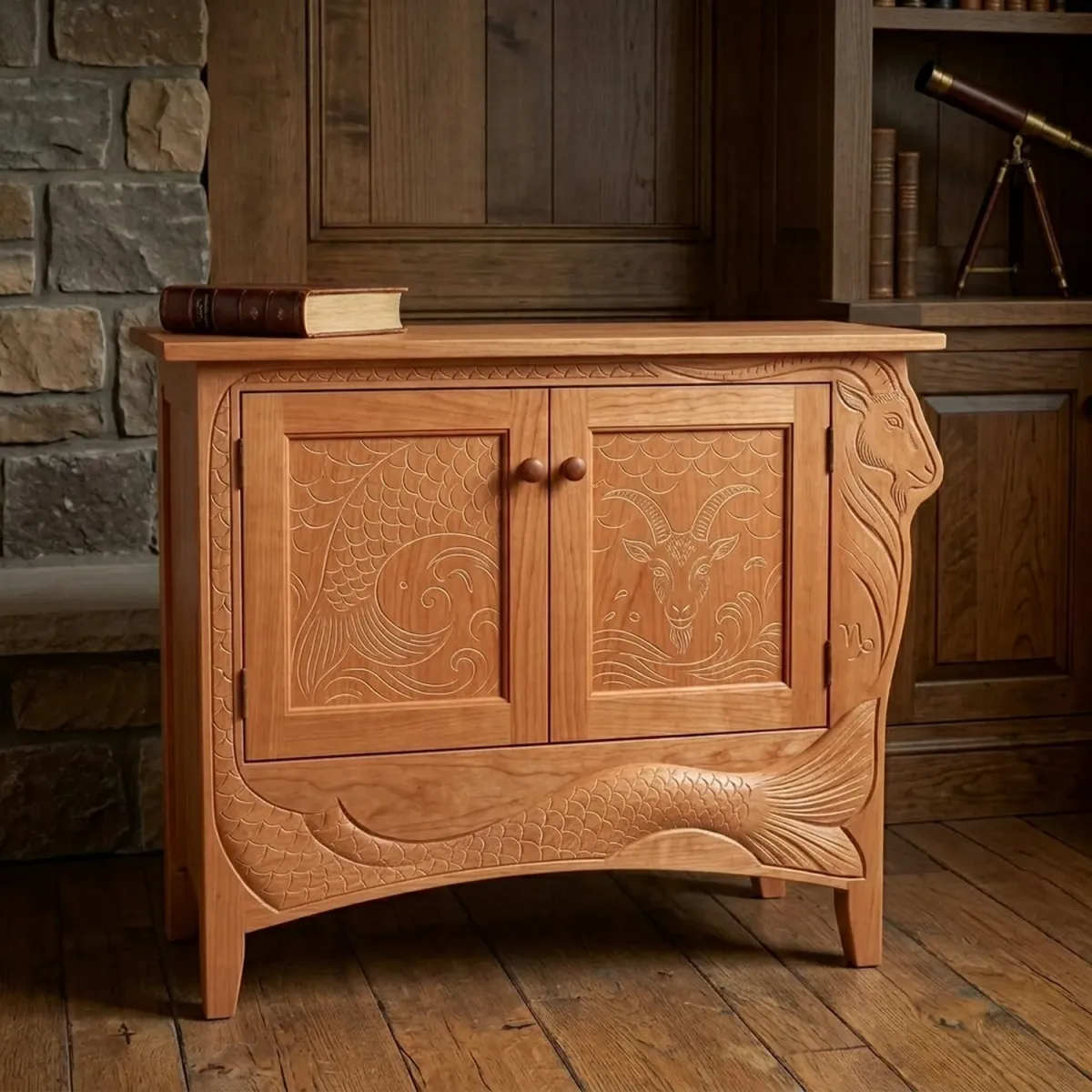 Wooden Capricorn Constellation Media Cabinet Zodiac Silhouette Large Storage Sideboard