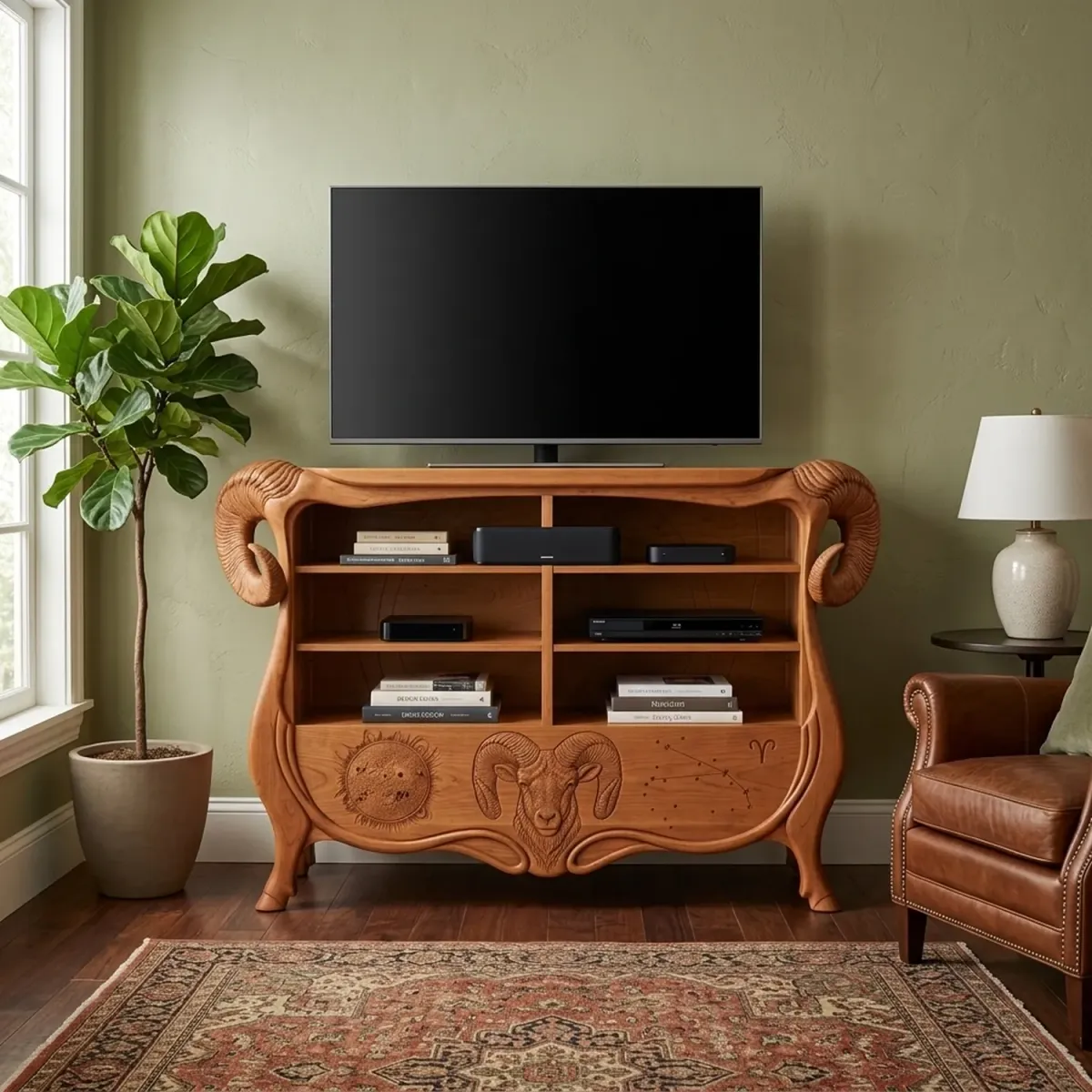 Wooden Aries Constellation Media Cabinet Zodiac Theme Living Room TV Stand