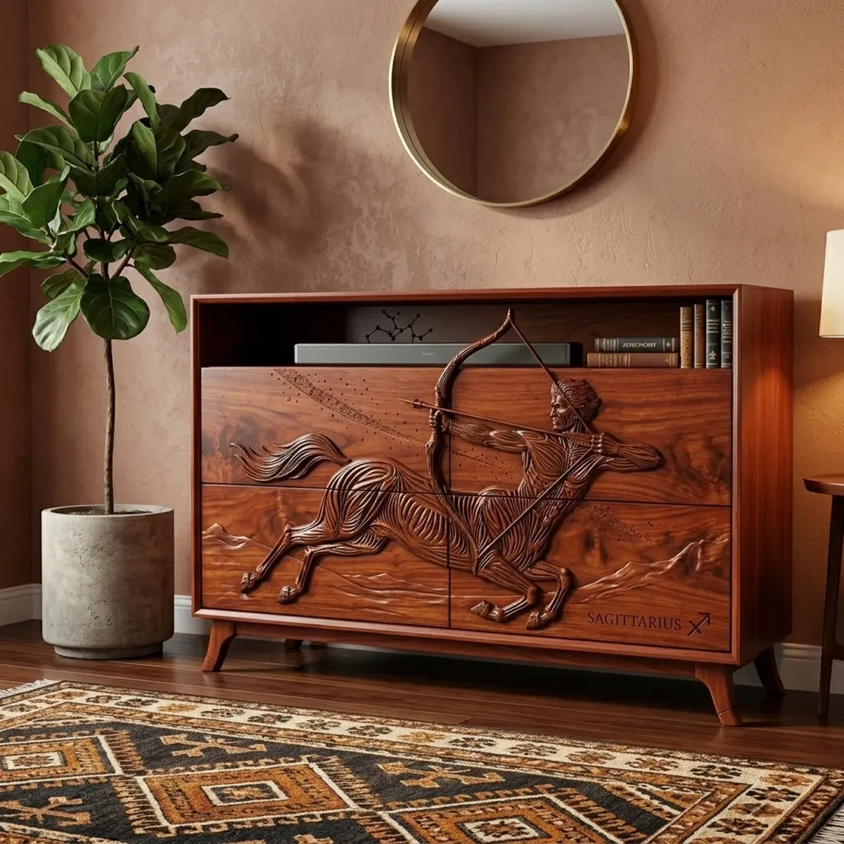 Wooden Sagittarius Constellation Media Cabinet Zodiac Theme Living Room Credenza