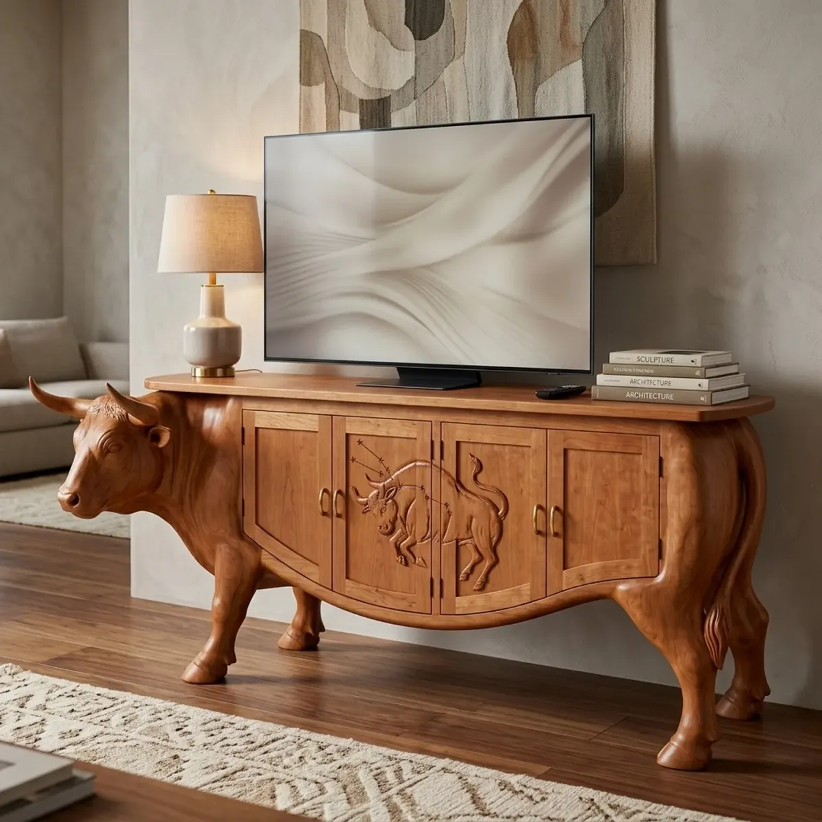 Wooden Taurus Constellation Media Cabinet Zodiac Silhouette Modern Entertainment Center