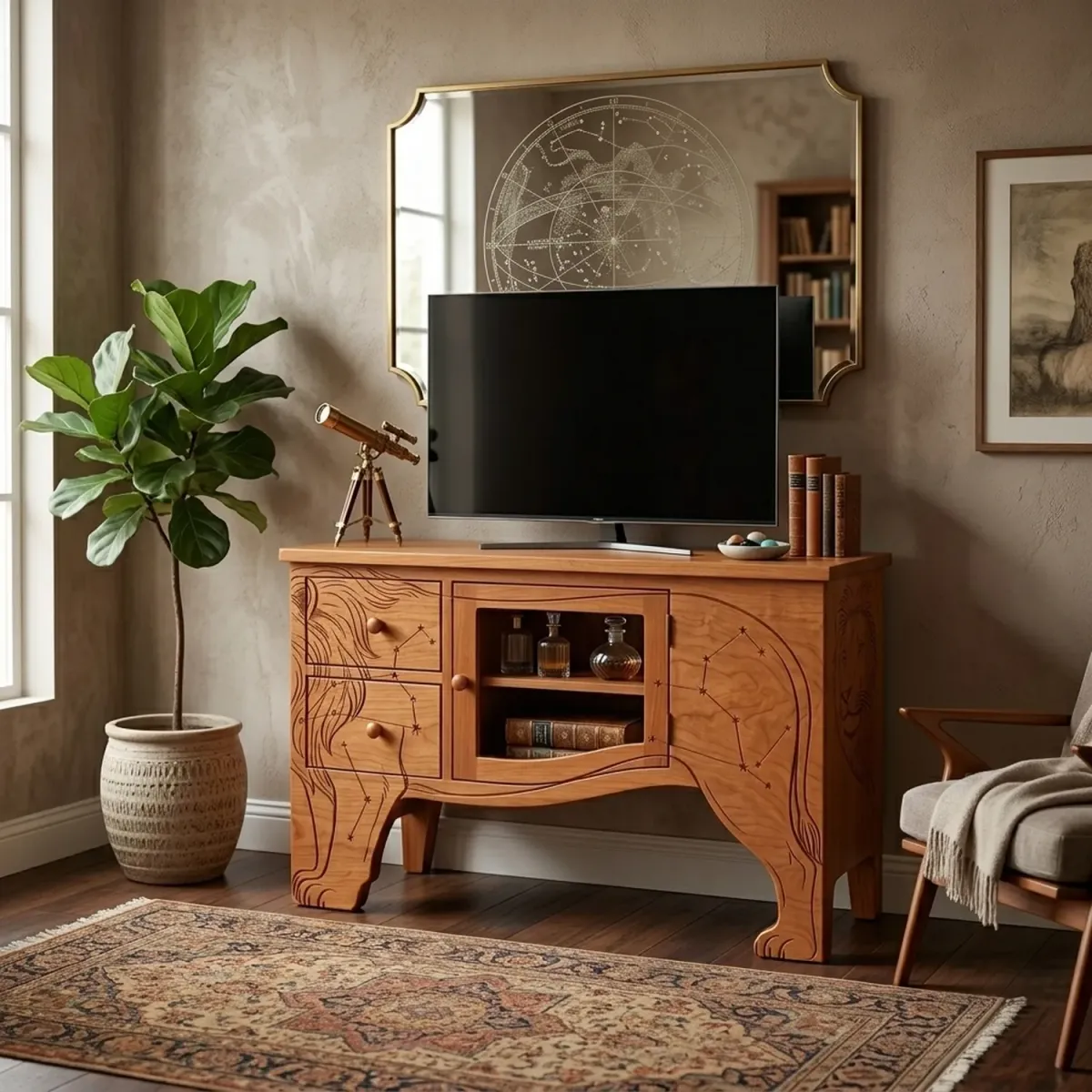 Wooden Leo Constellation Media Cabinet Zodiac Theme Large Storage Sideboard