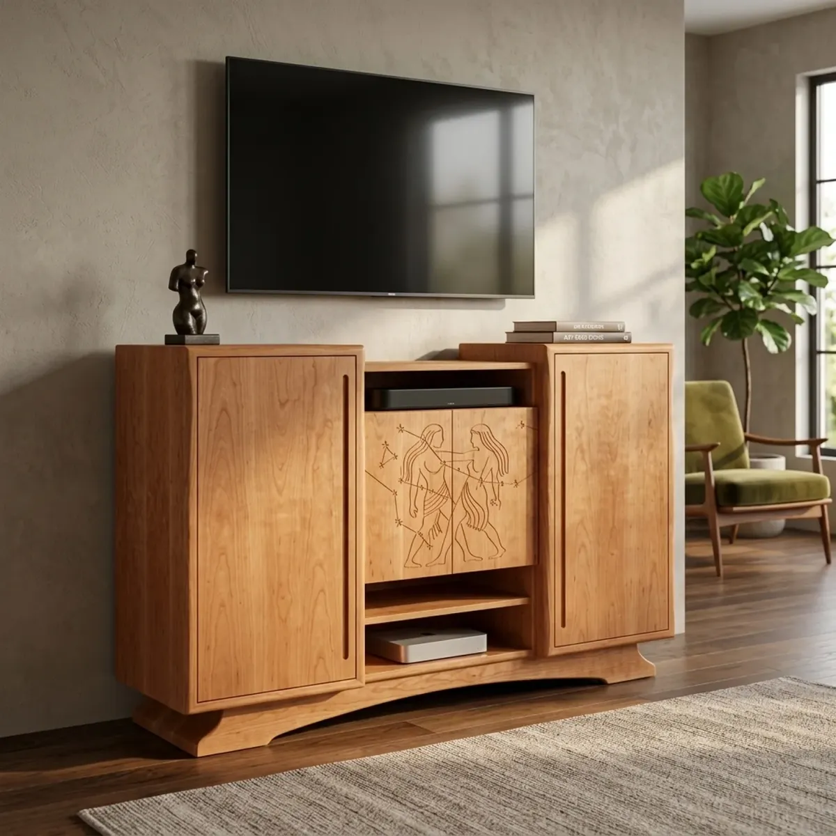 Wooden Gemini Constellation Media Cabinet Zodiac Theme Living Room Credenza